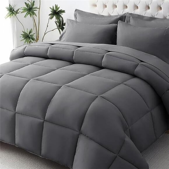 Queen Comforter Set 7 Piece Bed in a Bag Soft Down Alternative Dark Grey - Picture 7 of 7